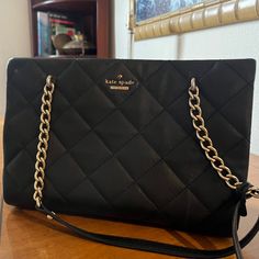 Large Quilted Black Kate Spade Handbag. Excellent Condition Chic Kate Spade Pouch Shoulder Bag, Luxury Kate Spade Bag With Chain Strap, Kate Spade Black Shoulder Bag For Evening, Black Kate Spade Shoulder Bag For Evening, Kate Spade Black Evening Shoulder Bag, Kate Spade Formal Bag With Chain Strap, Kate Spade Travel Bag With Chain Strap, Kate Spade Shoulder Bag With Chain Strap For Travel, Kate Spade Shoulder Bag With Chain Strap