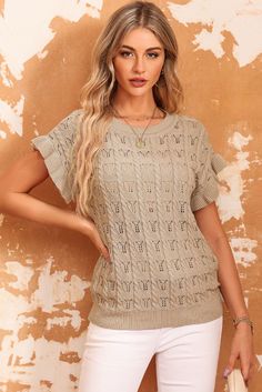 Khaki Ruffle Short Sleeves Cable Knit Textured Top Knitted Texture, Textured Top, Half Sleeve Blouse, Ruffle Shorts, Ruffled Sleeves, Crochet Details, Top Casual, Fashion Sense, Half Sleeves