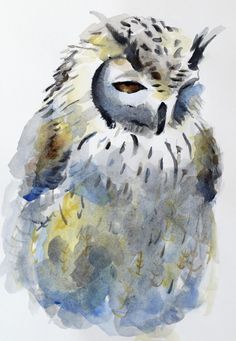 a watercolor painting of an owl sitting on the ground