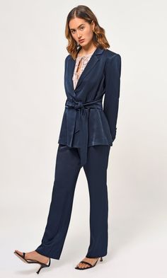 Tie Waist Blazer, Ensemble Blazer, Tie Blazer, Dark Blue Tie, Waist Blazer, Church Fits, Comfortable Pants, Luxury Women Fashion, Straight Trousers