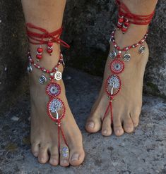 This listing is for a PAIR of barefoot sandals. Beautiful and unique barefoot sandals with a spring vibration. They look great as necklace or on the hands too :) Handmade crocheted with love and care using waxed polyester cord, tree of life tibetan silver links,tibetan silver leaf and peace charms, tibetan silver beads, wooden beads, greek ceramic beads and czech seed beads. The lace is long enough to wrap it 2 times around the leg. These sandals are very resistant and suitable for many environm Beaded Toe Ring Barefoot Sandals As Gift, Beaded Toe Ring Barefoot Sandals For Gift, Bohemian Beaded Barefoot Sandals For Wedding, Traditional Beaded Toe Ring Barefoot Sandals, Beaded Barefoot Sandals For Vacation And Festivals, Traditional Adjustable Beaded Barefoot Sandals, Traditional Beaded Barefoot Sandals For Party, Traditional Handmade Toe Ring Barefoot Sandals, Traditional Toe Ring Barefoot Sandals For Beach