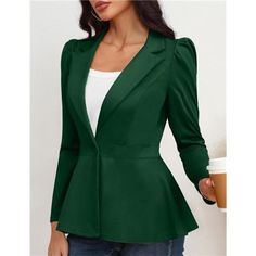 95%Polyester, 5%Spandex, Soft, Stretchable And Breathable Fabric. The Jackets Is Comfortable To Wear. No Liner, No Shoulder Pads. A Perfect Basic Blazer Jacket For Work Causal Long Sleeves, Shoulder Puff, Peplum Style, Open Front With A Single Front Button, Solid Color/ Plain. The Shoulder Puffs And Cinched Waist Are Flattering, And Allow You For A More Fitted Look. Superb Quality And Style Can Brings Out All Femininity In You This Fitted Blazers Can Create A Elegant And Formal Look.It Is Perfec Fitted Green Blazer For Fall, Green Fitted Blazer For Fall, Fitted Solid Color Blazer For Winter, Chic Fitted Green Outerwear, Fitted Green Outerwear With Long Sleeves, Fitted Solid Color Outerwear For Work, Fitted Long Sleeve Green Outerwear, Fitted Green Long Sleeve Outerwear, Fitted Casual Blazer In Solid Color