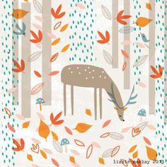 an illustration of a deer in the woods surrounded by trees and leaves with rain falling down on it