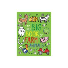 the first book of farm animals is on display in front of a green background with white flowers