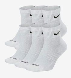 Nike Everyday Plus Cushioned Ankle Socks 6 Pack Mens 8-12 White NEW SX6899-100. Brand New 6 Pairs White Dri-Fit The Nike Everyday Plus Cushioned Socks bring comfort to your workout with extra cushioning under the heel and forefoot and a snug, supportive arch band. Sweat-wicking power and breathability up top help keep your feet dry and cool to help push you through that extra set. Benefits Cushioning under the forefoot and heel helps soften the impact of your workout. Dri-FIT technology helps yo Nike Ankle Socks, Nike Socks, White Socks, White Nike, Athletic Socks, Nike Store, Ankle Socks, 6 Pack, Converse High Top Sneaker