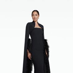 Amari Black Feather-Trimmed Bolero & Soshin Dress – Maison Safiyaa USA Floor Length Sleeves, Feather Trim, Black On Black, Ostrich Feathers, Black Feathers, Floor Length, Strapless Dress, Length Sleeve, Full Length