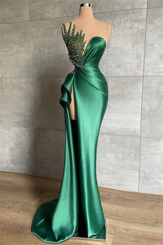 Mermaid Asymmetrical High Split Beaded Floor-length Sleeveless Prom Dress-Ballbella Split Prom Dresses, Mermaid Prom Dress, Green Mermaid, Prom Dresses Sleeveless, فستان سهرة, Mermaid Evening Dresses, Stretch Satin, Mermaid Prom Dresses, Long Prom Dress