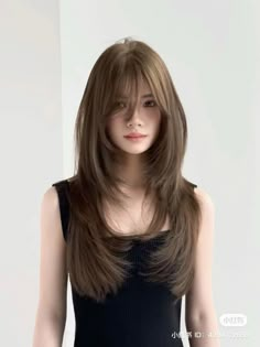 . Russian Haircuts Women, Medium Haircut Idea, Haircut Inspiration Thick Hair, Long Bangs Long Layers, Chocolate Brown Hair With Chunky Highlights, Face Framing Layers Long Hair With Bangs Fringes, Medium Soft Layered Hair, Medium Haircuts Straight Hair, Falco Haircut