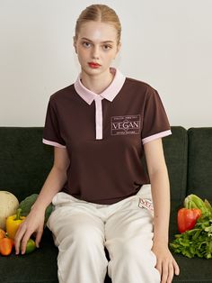 Editor's NotesINJIACTIVE’s Vegan Printed Two Tone Polo Shirt is cut from soft stretch fabrics for two fresh color combinations. Cute and sporty, it’s printed with ‘Vegan’ lettering to match the brand’s coordinating sweatpants. It’s also perfect for matching with a tennis mini skort.- Soft stretch fabric- Polo shirt style- Two-tone combined design- Lettering printed details- Short sleeves- Pull-over and buttons for closureMeasurements (in.)Size (S / M)- Length: 18.11 in. / 18.70 in.- Shoulder: 15 Sporty Collared Top With Letter Print, Fitted Polo Collar Top With Contrast Color, Polo Shirt Style, Polo Shirt Colors, Fresh Color, Mens Outerwear, Men Shoes Size, Active Wear Tops, Lettering Design