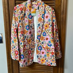 Women’s Floral Blazer Nwt Xl Pink Orange And Blue Flowers Front Pockets Polyester Spring Multicolor Cotton Outerwear, Multicolor Cotton Outerwear For Spring, Multicolor Long Sleeve Outerwear For Spring, Trendy Multicolor Spring Outerwear, Spring Multicolor Outerwear For Work, Spring Workwear Multicolor Outerwear, Multicolor Spring Blazer For Work, Multicolor Cotton Blazer For Fall, Spring Floral Print Outerwear For Work