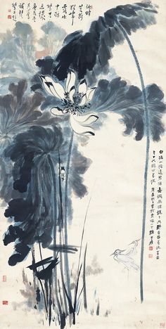 Zhang Daqian, Lotus Art, Lotus, Flowers, White, Black, Art