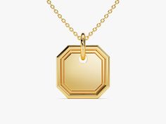 Personalize your style with our Octagon Tag Necklace in luxurious 14k Solid Gold. Meticulously crafted, this necklace features a sleek gold chain and a distinct octagonal tag pendant. The octagon shape adds a touch of modern elegance to this classic piece. FEATURES • Made to Order • Height: 11.00 mm • Width: 11.00 mm • Gold Kt: 14k Solid Gold, 18k Solid Gold • Available Colors: Rose Gold, Yellow Gold, White Gold • Available Length Range: 14 Inches - 20 Inches (Custom lengths are also available u Classic Yellow Gold Octagon Necklace, Classic Faceted Octagon Jewelry, White Gold Octagon Necklace For Formal Events, Classic Octagon Faceted Jewelry, Formal White Gold Octagon Necklaces, Formal White Gold Octagon Necklace, Yellow Gold Diamond Cut Rectangular Pendant Necklace, Classic Yellow Gold Hexagon Jewelry, Classic Hexagon Yellow Gold Jewelry