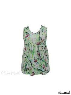 Olivia Mark - Womens Plus Size Floral & Leaf Print V-Neck Tank Top: Stylish and Comfortable Casual Wear with Slight Stretch V Neck Tank Top, Top Floral, Casual Tank Tops, Leaf Print, Plus Size Casual, Leaf Prints, Olivia Mark, Autumn Summer, Collar Styles