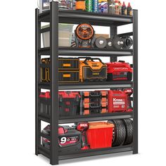 a shelf with tools and other items on it