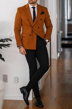 This beautiful jacket and pant trouser is designed with high quality wool material that guarantees durability and comfort. It is suitable for all kinds of occasion and it can be worn all year round. It comes in 2 pieces (burnt orange color Jacket + Black pant), the jacket can also be worn with any pant/jeans. For custom orders, Please feel free to start a  conversation for further enquires. Your satisfaction is our priority  I hope you have a pleasurable shopping experience Black And Orange Suit Men, Burnt Orange Men Outfit, Burnt Orange Trousers Outfit, Semi-formal Double Breasted Long Sleeve Suit For Fall, Fall Season Double Breasted Semi-formal Suit, Fitted Orange Suits For Fall, Brown Notch Lapel Blazer For Office, Brown Blazer For Office Wear In Fall, Semi-formal Brown Double Breasted Suit