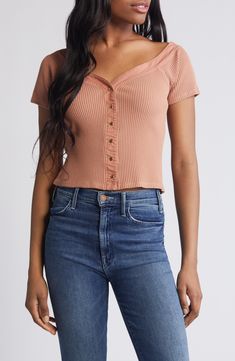 This everyday rib top is updated in a cropped silhouette with front buttons and abbreviated sleeves. 19" length (size Medium) Front button closure Portrait neck Short sleeves 100% cotton Machine wash, tumble dry Made in Peru Mocha Mousse, Nation Ltd, Rib Top, Mocha, Peru, Mousse, Short Sleeves, Nordstrom, Size Medium