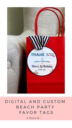 a red bag with the words thank you on it and a black and white striped bow