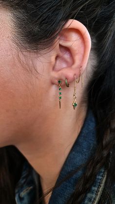 Stacking Earrings, Second Hole Earrings, Multiple Earrings, Stacked Earrings, Spike Earrings, Earring Gold, Earrings Inspiration, Earrings Green, Halloween Jewelry