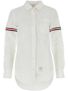 white cotton logo patch to the front RWB stripe classic collar front button fastening long sleeves curved hem Casual White Shirt With Signature Stripes, Classic Pinstripe Shirt With Contrast Stripes, Classic Long Sleeve Tops With Striped Cuffs, Classic Button-up Shirt With Contrast Stripes, Classic Workwear Tops With Signature Stripes, Classic Tops With Signature Stripes For Work, White Tops With Signature Stripes For Workwear, Pinstripe Long Sleeve Top With Striped Cuffs, Classic Workwear Shirt With Contrast Stripes