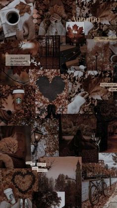 a collage of many different pictures with trees and leaves on them, including a heart in the middle