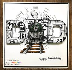 a happy father's day card with an image of a train on the tracks