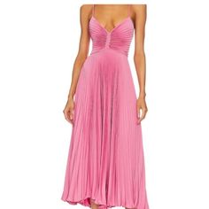 Beautiful Pink Alc Maxi Dress Chic Maxi Length Pleated Evening Dress, Chic Pleated Maxi Length Evening Dress, Chic A-line Maxi Dress For Dinner, Elegant Pleated Summer Evening Dress, Feminine A-line Cocktail Maxi Dress, Elegant Pleated Evening Dress For Summer, Feminine Summer Evening Dress With Pleated Bodice, Spring Pink Pleated Evening Dress, Spring Silk Pleated Evening Dress