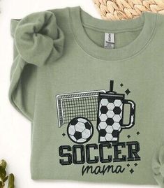 Premium Quality Soccer Mama with Stanley Custom Embroidered Sweatshirt/Hoodie, Womens Activewear Casual Long Sleeve T-shirt With Embroidered Logo, Sporty Embroidered Long Sleeve T-shirt, Casual Winter T-shirt With Embroidered Logo, Casual T-shirt With Embroidered Logo For Winter, Green Long Sleeve Hoodie With Embroidered Graphics, Green Embroidered Long Sleeve Hoodie, Trendy Cotton Sweatshirt For Sports, Casual Cotton Sweatshirt For Sports, Casual Embroidered Sports Sweatshirt