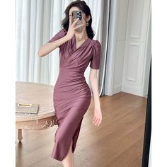 Summer V-neck Slim Purple Dress - SweatshirtsHoodies.com V-neck Ruched Midi Dress, Solid Color Stretch Midi V-neck Dress, Stretch V-neck Midi Dress, Elegant V-neck Stretch Bodycon Dress, Fitted V-neck Bodycon Dress In Elastane, Elegant Short Sleeve Stretch V-neck Dress, V-neck Elastane Midi Dress, Elegant Stretch V-neck Dress With Short Sleeves, Elegant Short Sleeve V-neck Stretch Dress