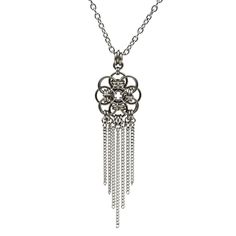 Lightweight and elegant, this piece will quickly become one of your wardrobe staples. The small Quantum Rose with Fringe pendant is 7/8" in width; height is approximately 3.75". This pendant comes on a seamless chain so you can slide the necklace over your head. (However you can choose to add a clasp if you prefer.)  s Adjustable Metal Flower Pendant Necklace, Adjustable Metal Necklace With Flower Pendant, Metal Flower Pendant Jewelry With Chain, Metal Flower Pendant Necklace With Chain, Metal Flower Pendant Chain Necklace, Metal Chain Necklace With Flower Pendant, Metal Necklaces With Flower Pendant And Chain, Elegant Dangle Drop Necklace With Chain, Elegant Flower Pendant Chain Necklace