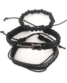 This guitar bracelet set complements your love for music. The all black bracelets are versatile and can be worn with any of your outfits. You can wear the bracelets together as a set or each one separately to create a different everyday. Every set is handmade with care. Product Information *Set comes with 3 bracelets *Material: leather/PU leather *Metals Type: alloy *Clasp Type: sliding knots *Adjustable Length: around 7 - 8.5 inches Black Band Wristband For Concerts, Adjustable Black Leather Band Bracelet, Edgy Black Wristband For Concerts, Adjustable Bracelet Jewelry For Concerts, Adjustable Black Punk Wristband, Edgy Adjustable Black Wristband, Edgy Black Band Bracelets, Edgy Black Adjustable Wristband, Casual Black Wrap Bracelet As Gift