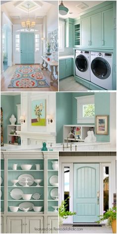 several pictures of different rooms with blue doors and white cabinets, including a washer dryer