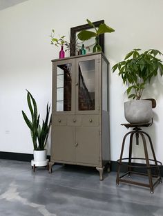 a tall cabinet sitting next to a potted plant on top of a wooden stool