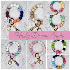 six different styles of bracelets with the words husky dream studio written on one side