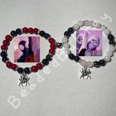 ✧ Made to order! ✧ Matching couples/friends Spider-Man bracelets!  ✧ Magnetic connecting heart <3 Couples Bracelets Beads, Spider Man Items, Matching Accessories Couple, Duo Bracelet Ideas, Matching Couple Stuff, Matching Bracelets For Best Friends, Miles Morales And Gwen Stacy, Miles Morales And Gwen, Things For Couples