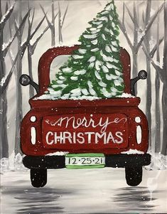 a painting of a red truck with a christmas tree on it's back in the snow