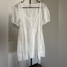 Urban Outfitters White Polka Dot Embroidered Linen Dress Short Never Worn Brand New. Oversized Fit. Fits More Like A Size 4 Linen Dress Short, Embroidered Linen Dress, Black Satin Mini Dress, 1990s Dress, Chambray Shirt Dress, Hot Pink Dresses, Linen Mini Dress, Embroidered Linen, Flare Mini Dress