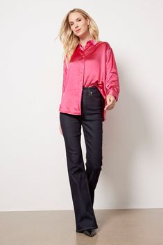 The classic button-down gets a chic upgrade with smooth satin fabric. This Good American shirt features a relaxed, flowy silhouette with a shirttail hem and covered button placket. Style with jeans and booties for a day-to-night look. | GOOD AMERICAN Women's Washed Satin Weekend Shirt, Size 2XS/XS, Pink Fall Satin Shirt With Button Closure, Spring Satin Shirt With Button Closure, Casual Satin Blouse For Fall, Sleek Satin Shirt For Fall, Casual Satin Collared Shirt, Chic Satin Shirt For Fall, Casual Satin Shirt For Spring, Chic Fall Satin Shirt, Style With Jeans