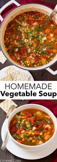 two pictures showing different types of vegetable soup in white bowls with crackers on the side