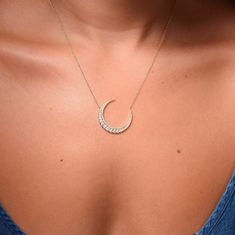 14 karat gold adjustable length crescent moon necklace. Pave and single diamonds, .68ct. Crescent Necklace, Woodland Hills, Crescent Moon Necklace, Moon Necklace, Crescent Moon, Crescent, Diamond Necklace, Fashion Beauty, Silver Necklace