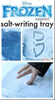 frozen inspired salt writing tray with the words frozen written on it and an image of someone's hand