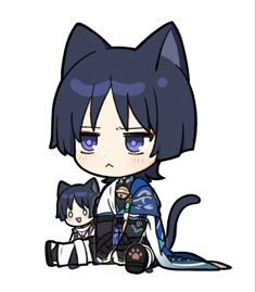 an anime character with blue eyes and black hair sitting next to a cat on the ground