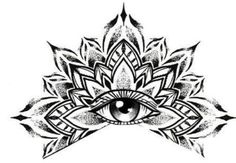 an all seeing eye in the center of a lotus flower tattoo design on a white background