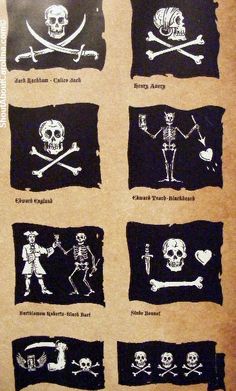 a bunch of pirate flags with skulls and bones on them