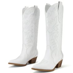 Rollda Cowboy Boots for Women Embroidered White Cowgirl Boots Knee-High Western Boots with Chunky Heel Size 9.5 Gender: female.  Age Group: adult. White Pointed Toe Boots For Western-themed Events, Western Style Pointed Toe Knee-high Boots For Spring, Wide Calf Mid-calf Boots With Pointed Toe For Ranch, Pointed Toe Mid-calf Boots For Rodeo, Pointed Toe Heeled Boots For Spring Ranch Events, Pointed Toe Heeled Boots For Spring At The Ranch, Spring Pointed-toe Heeled Boots For Ranch, Girls Cowgirl Boots, Knee High Western Boots