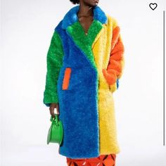 Happy Hour Colorblock Rainbow Teddy Faux Fur Coat In Multi Funky Neon Bright Indie Pop The Akira Label Happy Hour Colorblock Rainbow Teddy Faux Fur Coat Features A Soft Faux Fur Fabrication, A Wide Lapel Collar, A Vibrant Color Block Design, A Smooth Polyester Lining, Slant Side Pockets, And Four Concealed Pop Button Front Closures. Wear This Longline Jacket With A Large Scarf And Booties. - 100% Polyester - Dry Clean Only - 40”- Imported All Sales Are Final Multicolor Faux Fur Long Sleeve Outerwear, Winter Yellow Patchwork Outerwear, Yellow Patchwork Outerwear For Winter, Winter Yellow Color Block Outerwear, Bright Colors Fashion, Cropped Zip Up Hoodie, Cool Coats, Longline Jacket, Fur Leather Jacket