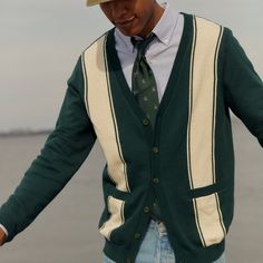 The Vertical Stripe Cardigan Sweater is a wardrobe essential that boasts a varsity-inspired design. | Men's Tie Bar: Vertical Stripe Cilantro Cardigan - M, In Multi Color, Cotton Cardigan Tie Outfit, Cardigan With Tie, Gentlemen Style, Tie Outfit, Intarsia Sweater, Cotton Sweaters, Preppy Mens Fashion, Varsity Sweater, Stripe Cardigan