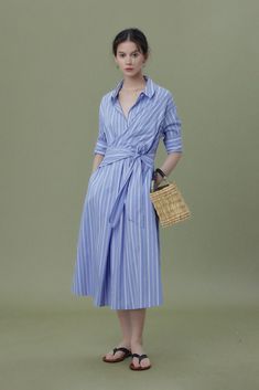 Fibflx Women's French Chic Wrap Waist Stripe Shirt Dress Blue Midi Dress For Summer Office Wear, Elegant Blue Knee-length Shirt Dress, Blue Cotton Office Dress, Light Blue Shirt Dress For Summer Workwear, Fitted Shirt Dress For Summer Office Wear, Elegant Blue Cotton Shirt Dress, Fitted Light Blue Shirt Dress For Summer, Office Blue Midi Length Shirt Dress, Light Blue Summer Office Dress