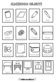 the classroom objects worksheet is shown in black and white, which includes pictures