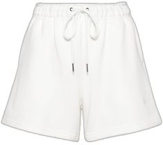 Chic White Drawstring Bottoms, Chic White Bottoms With Drawstring, White Drawstring Bottoms For Daywear, White Bermuda Shorts With Elastic Waistband, White Cotton Knee-length Shorts, White Knee-length Shorts For Loungewear, White Knee-length Lounge Shorts, White High-waisted Drawstring Shorts, White Bottoms With Functional Drawstring