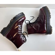 These Dr. Martens Jadon Ii Platform Boots In Cambridge Brush Color Are A Must-Have For Any Fashion-Forward Woman. Made With High-Quality Vegan Leather, These Combat-Style Boots Feature A Lace-Up Closure With A Zipper Accent And The Iconic Dr. Martens Logo. With A Low Block Heel Measuring At 1-1.9 Inches And A Mid-Calf Shaft Style, These Boots Are Perfect For Traveling, Casual Outings, And Workwear. The Boots Are Available In Us Size 11, Uk Size 9, And Au Size 11. The Platform Height Is 1.5 Inche Low Platform Boots, Cool Doc Martens, Dr Martens Logo, Doc Martens Jadon, Doc Martens Platform, Platform Doc Martens, Jadon Boots, Dr Martens Jadon, Black Leather Combat Boots